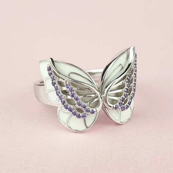 🔥Sweet White Butterfly Anillos Silver Plated Ring for Women/Girl, UNVN12339 - Picture 6 of 6